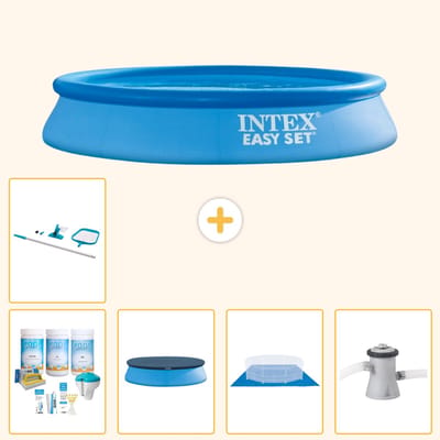 Intex Rond Opblaasbaar Easy Set Zwembad - 305 x 61 cm - Blauw - Inclusief Onderhoudspakket - Afdekzeil - Grondzeil - Zwembadfilterpomp - Schoonmaakset - 6-delig