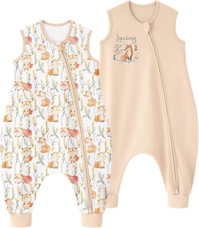 Set van 2 babyslaapzakken met voeten, 0,5 Tog-waarde, 100% katoen, zomer slaapzak voor kinderen van 4-6 jaar, lichtbruin en comfortabel