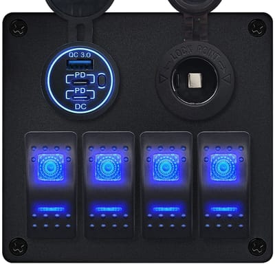 ProRide Schakelpaneel 12V voor Auto/Boot - USB/USB C Lader 3 Poorten met Sigaretten stopcontact - QC3.0 - 4 schakelaars