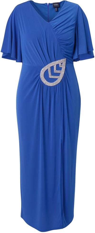 Ulla Popken - Dames - Maxi-jurk gedrapeerd applicatie V-hals korte mouwen - Koningsblauw - Maat 46