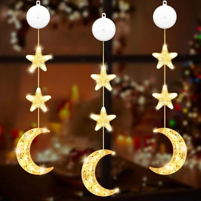 Led-raamdecoratie voor Kerstmis, 3 stuks raamverlichting met zuignappen, raamdecoratie, hangend lichtsnoer, led-lichtketting voor kerstdecoratie, binnen en buiten, warmwit