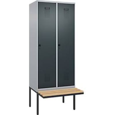 Kleiderspind C+P Evolo Plus, 2 Abteile à 400 mm Breite, schwebende Sitzbank, B 800 x T 815 x H 2120 mm, Drehriegel, weißaluminium/anthrazitgrau