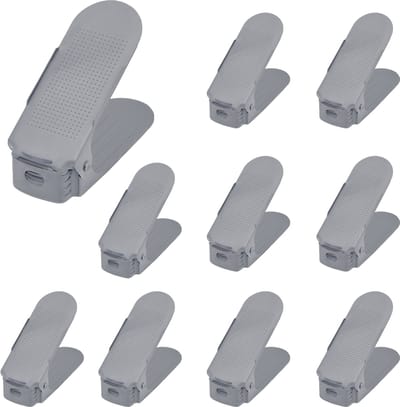Froadp 20 stuks verstelbare schoenenrek set schoenenstapelaar schoenenhouder antislip schoenenorganizer 3 in hoogte verstelbaar, kunststof - grijs