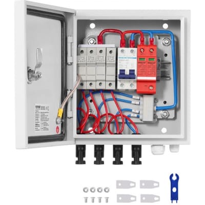 VEVOR PV-verdeelkast, 4-rijig, zonne-energie combinerkast met 15 A zekering, 63 A stroomonderbreker, bliksemafleider en zonne-energieaansluiting, stalen behuizing voor on-grid/off-grid zonnepanelensysteem, IP65