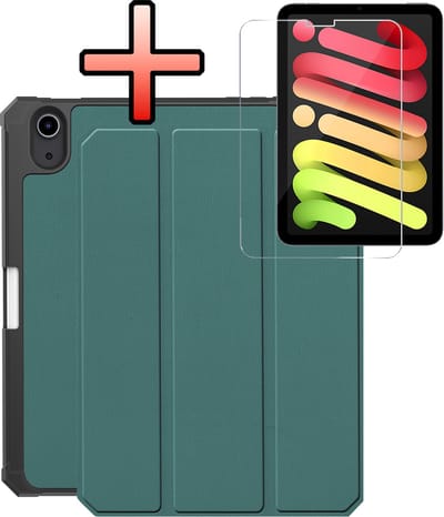 Hoes - Geschikt voor Apple iPad Mini 7 (2024) - 8.3 inch - 7e Generatie - Met Screenprotector - Trifold Bookcase - Hard Cover Case - Met Uitsparing Geschikt voor Apple Pencil - Hardcover Book - Tablet Hoesje - Donkergroen