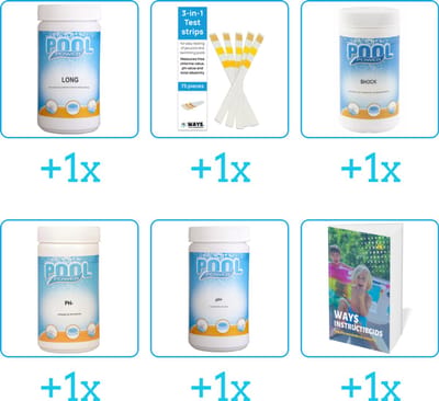Zwembad Onderhoudspakket - Onderhoud Zwembad - bevat Chloor - Testrips - Chloor - PH-min - PH-plus en Zwembadgids (6-delig)