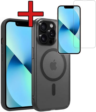 Hoesje - Met Screenprotector - Geschikt voor Apple iPhone 14 Pro - Magsafe Compatible - Sterk & Shockproof - Shock Proof Case - Back Cover - Telefoon Hoes - Telefoonhoes - Zwart