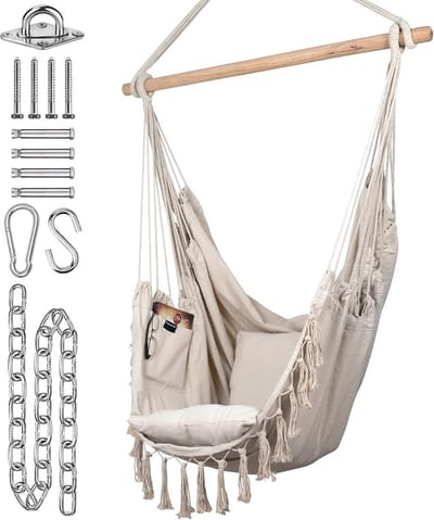 Luxe Hangstoel Katoen voor Binnen & Buiten | Leesstoel met Kussens en Zijvak