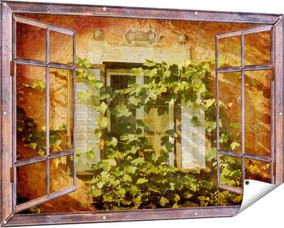 Gards Tuinposter Doorkijk Raam met Luiken - 150x100 cm - Tuindoek - Tuindecoratie - Wanddecoratie buiten - Tuinschilderij