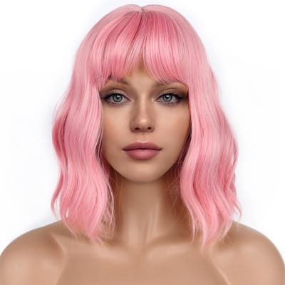 Daity Een roze bobpruik voor dames, met pony, pluizige golvende krullen, roze golvende bobpruik tot op de schouders, geschikt voor cosplay voor meisjes, kleurrijke kostuumpruik (roze).