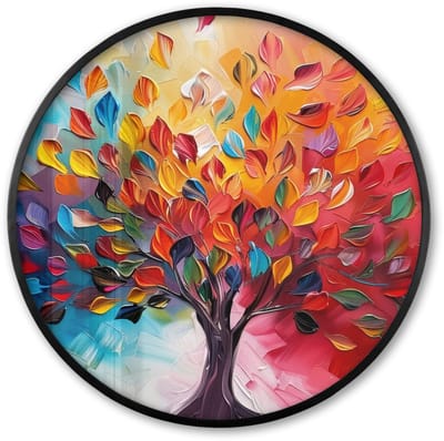 Poster in lijst Rond - Fotolijst 60x60 cm - Posters - Boom - Levensboom - Kleurrijk - Abstract - Ronde posterlijst zwart - Decoratie - Wanddecoratie woonkamer - Muurdecoratie slaapkamer