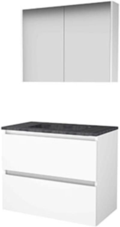 Basic-Line Comfort 46 Badkamermeubelset - 80 x 46 cm - Greeploos - 2 Lades - Hardstenen Wastafel - Zonder Kraangat - Spiegelkast - Ice White