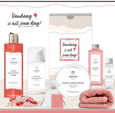 Geschenkset “Vandaag is het jouw dag!” - 7 producten - 850 gram | Triomf Original - Giftset voor haar - Bedankt Cadeau Pakket Vrouw - Geschenk Luxe wellness cadeaubox - Cadeaupakket Verjaardag - Feestje - Geslaagd - Jubileum - Gift Set Party - Roze
