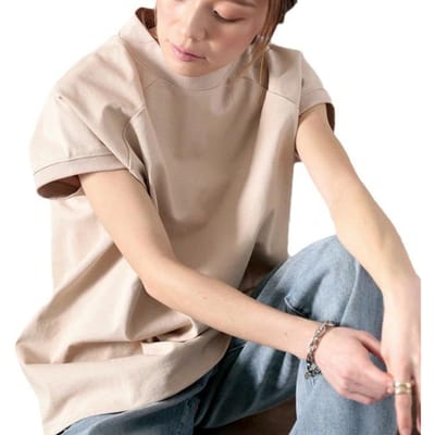 T-shirt d'été pour femmes à col semi-montant et manches courtes en coton ample L beige