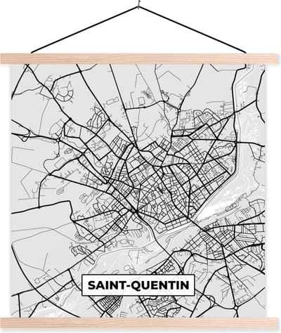 Posterhanger incl. Poster 40x40 cm - Schoolplaat - Kaart - Frankrijk - Stadskaart - Plattegrond - Saint-Quentin - Textielposter - Blanke latten - Stadskaart