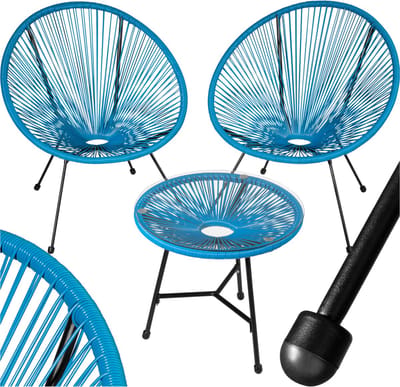 tectake® Tuinmeubel bistroset - 2 stoelen en 1 tafel met glazen blad - Retro Egg Chairs in Acapulco-stijl - Weerbestendig - Binnen- en buitengebruik - Zithoogte 30 - 38 cm - Belastbaarheid 120 kg - Blauw