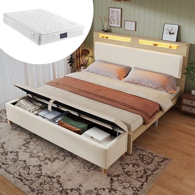 Pugsdrly Houten tweepersoonsbed 140 × 200 cm met bank, hoofdeinde met opbergruimte, ledverlichting en rugleuning bekleed met beige corduroy, bank met opbergruimte inbegrepen, licht eiken (met matras)