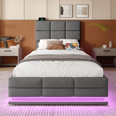 Eenpersoons Opbergbed 90x200 cm Velours Grijs met LED, USB/Type-C, Verstelbaar Hoofdbord & Opbergruimte - Zonder Matras
