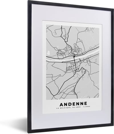 Fotolijst incl. Poster Zwart Wit- Zwart Wit – België – Plattegrond – Stadskaart – Kaart – Andenne - 30x40 cm - Posterlijst