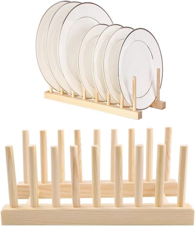 Famanu - Houten Schotelrek Set 2 stuks, plaat rek en potdeksel houder, schotel droogrek voor borden, bekers en snijplanken, aanrecht organizer