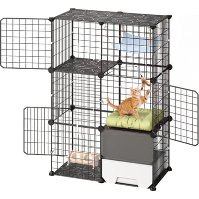 VEVOR Kattenkooi, 3-Laags Kattenren, 71,1 X 45,5 X 104,1 cm, Doe-Het-Zelf Kattenren met Kattenbak, Verwijderbare Metalen Draadkooi voor Binnengebruik, Ideaal voor 1-2 Katten en Kleine Dieren, Zwart