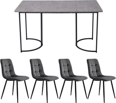 Gotagee Eetset (5-delig) Eettafel met 4 stoelen set Donkergrijs Fluweel Eetkamerstoelen Keukentafelset met Zwarte metalen poten MDF tafelblad in grijs
