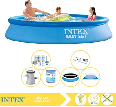 Intex Rond Opblaasbaar Easy Set Zwembad - 305 x 61 cm - Blauw - Inclusief Solarzeil - Onderhoudspakket - Zwembadfilterpomp - Filter - Grondzeil - Stofzuiger - 7-delig
