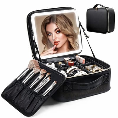 Make-up Organizer met LED Spiegel – Luxe Reismake-up Tas met Verlichting & Verstelbare Vakken – Beauty Case met Spiegel en USB Opladen – Cosmetica Opbergkoffer Zwart
