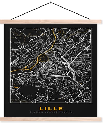 Posterhanger incl. Poster 40x40 cm - Schoolplaat - Lille - Plattegrond – Stadskaart – Frankrijk - Kaart - Textielposter - Blanke latten - Stadskaart