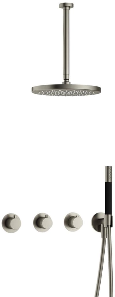 Hotbath Cobber IBS70 inbouw regendoucheset met staafhanddouche aan houder en 30cm ronde hoofddouche aan 30cm plafondarm geborsteld nikkel