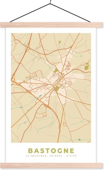 Posterhanger incl. Poster 40x60 cm - Schoolplaat - Stadskaart - Kaart - Bastenaken - Vintage - Plattegrond - Textielposter - Blanke latten - Stadskaart