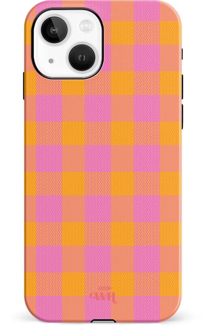 xoxo Wildhearts Brunch o'clock hoesje Single Layer - Hoesje met ruiten geschikt voor iPhone 14 Plus hoesje - Dames hoesje geschikt voor iPhone 14 Plus - Kleurrijk hoesje - shockproof case - Geruit hoesje - oranje / paars
