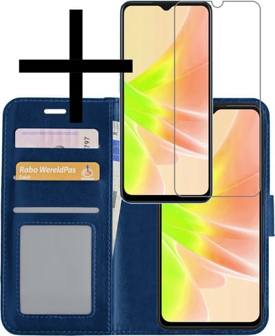 Hoesje - Met Screenprotector - Geschikt voor OPPO A57 - Luxe Pasjeshouder - Bookcase Portemonee - Flip Case - Kunstleer Book Case - Flipcase - Book Cover - Walletcase - Portemonneehoes - Donkerblauw