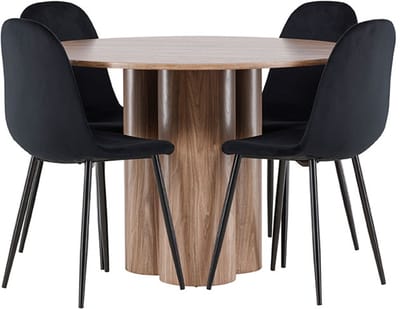 Olivia eethoek tafel Ø110cm en 4 velours stoelen bruin.