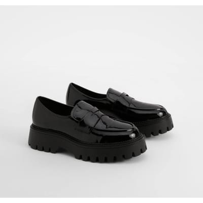 boohoo Dames Wide Fit Patent Chunky Sole Loafers | Zwart | Maat: 38