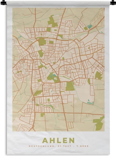 Wandkleed - Wanddoek - Stadskaart - Ahlen - Vintage - Kaart - Plattegrond - 120x180 cm - Wandtapijt