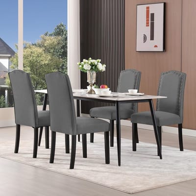 Luxe Scandinavische Eetkamerstoelen Set van 2 – Hoge Rugleuning, Donkergrijs Linnen, Ergonomisch Gestoffeerd, Massief Houten Poten 42 x 45,5 x 103 cm
