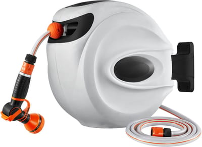 Intrekbare Slanghaspel, 65,6 Ft X 1/2 Inch, Muurbevestiging 180° Draaibare Beugel, Haspel voor Tuinwaterslang Met Spuitstuk met 9 Patronen, 3 Sneladapters, Automatisch Oprolbaar