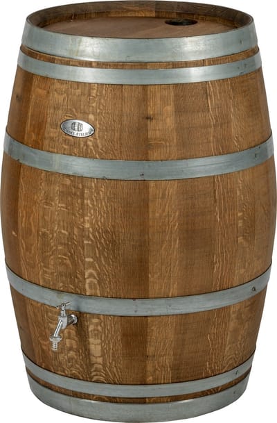 Regenton 225l., gat regenpijp, chromen logo en kraan, donker geolied / Eikenhouten Regenton