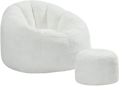 Zitzak voor Volwassenen met Voetenbank - Bloemvormige Lounge Stoel - 30D Schuimvulling - Zachte Bekleding - 105 x 105 x 70 cm - Crèmewit