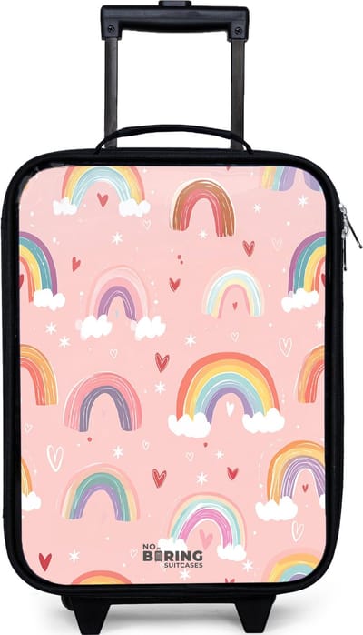 NoBoringSuitcases.com® - Kinderkoffer jongen - Kindertrolley meisje - Regenbogen op een roze achtergrond - Koffer kind lichtgewicht - Reiskoffer trolley voor kinderen - Koffertje met lichtgevende wieltjes - Rolkoffer zwart