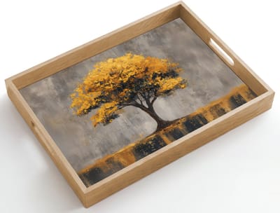Dienblad hout 50x35 cm - Schootdienblad - Boom - Bladeren - Goud - Abstract - Borrelplank rechthoek - Plateau dienbladen