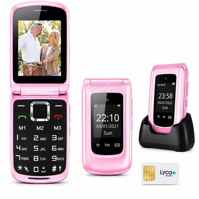 4G Senioren GSM Roze + Simkaart Geleverd + Oplaadstation - Dual Sim - Dual Scherm - Big Button Mobiele Telefoon - Grote Toetsen & Cijfers - SOS Knop - Mobiel - Ouderen