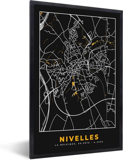 Fotolijst incl. Poster - Goud - Stadskaart - Plattegrond - Nivelles - Kaart - 40x60 cm - Posterlijst
