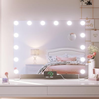 Make-upspiegel met Verlichting - Verlichte Spiegel - Make-up Aanbrengen - Met Telefoonhouder - 80 x 60 cm - Wit