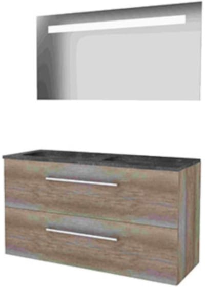 Basic-Line Economic 46 Badkamermeubelset - 120 x 46 cm - Met Grepen - 2 Lades - Hardstenen Wastafel - Zonder Kraangat - Spiegel met LED Verlichting - Scotch Oak