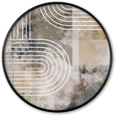 Poster in lijst Rond - Fotolijst 60x60 cm - Posters - Abstract - Kunst - Lijnen - Wit - Blauw - Beige - Ronde posterlijst zwart - Decoratie - Wanddecoratie woonkamer - Muurdecoratie slaapkamer