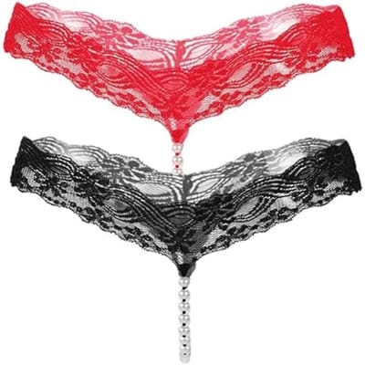 Daity Set van 2 - Mini bikini string voor dames met parels - schattige lingerie string met parelkettingbandjes en kanten details - geschikt voor vrouwen met een gewicht van 36-54 kg.