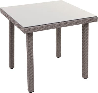 Polyrotan tuintafel Cava, eettafel bijzettafel tafel met glazen blad, 80x80cm ~ grijs