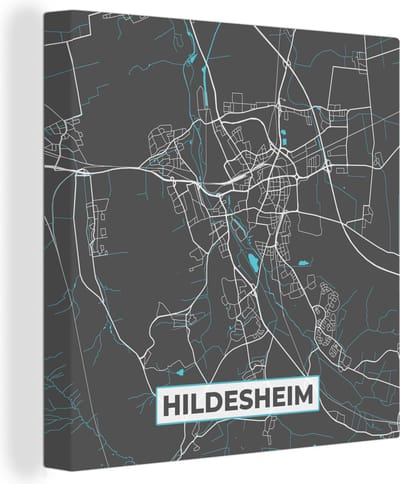 Canvas Schilderij Duitsland – Blauw – Hildesheim – Stadskaart – Kaart – Plattegrond - 20x20 cm - Wanddecoratie